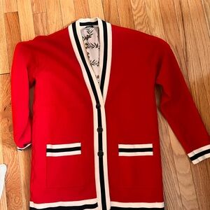 Sandro Red Cardigan with Black and White trim